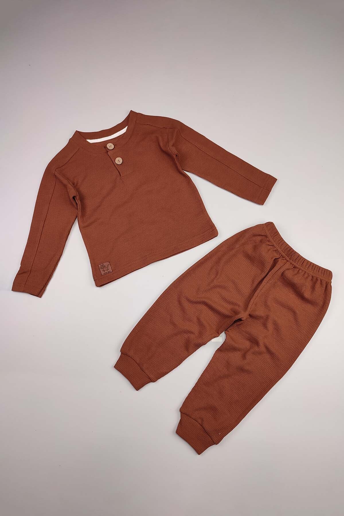 Waffle Pamuklu Yumusak Genis Kalip Deri Etiket Takim Reglan Tarz Fenomen Ahsap Dügme Patli 15017