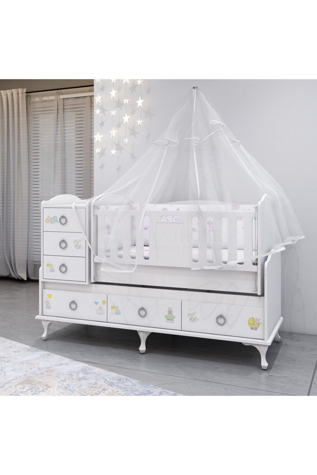 Elfin Ayıcık Asansörlü Lüks Uyku Setli Beşik Kombini- Uykuseti Beyaz